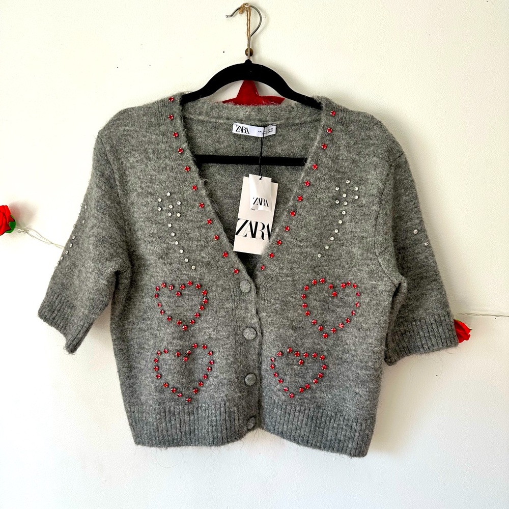 Zara Gray Cardigan with Red Heart Accents